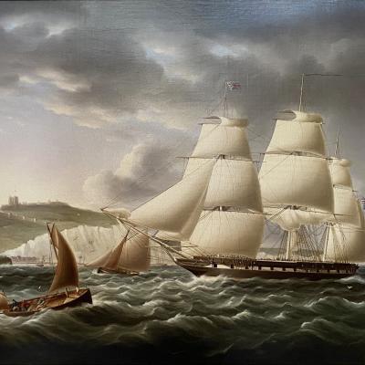 Naval Frigate Sailing Past Dover Castle