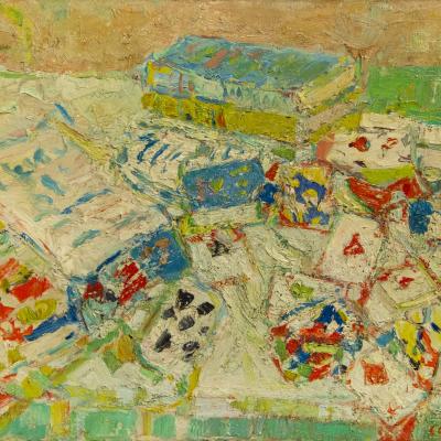 André Cottavoz  Les Cartes à Jouer, 1955  Signed lower right: Cottavoz; signed, titled, and dated verso  Oil on canvas  Unframed: 19 3/4 x 28 3/4 inches Framed: 28 x 37 inches