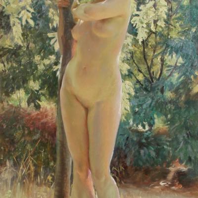 Julius Leblanc Stewart  The Clearing, 1897  Signed and dated upper left: JL Stewart 1897  Oil on canvas  36 1/2 x 17 1/4 inches Framed: 46 1/4 x 27 1/4 inches