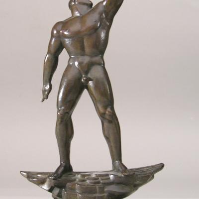 Albert Wein  Prometheus, 1947  Signed & dated: WEIN 1947; inscribed: 1991 copyright 1987 JP; stamped: TX; numbered 4/12  Bronze with a brown patina and gilt highlights Mounted on a Green Marble base  12 1/2 H x 3 1/2 W x 6 1/2 D inches  Fourth in an edition of 12