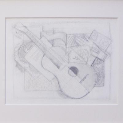 Simka Simkhovitch  Abstract with Guitar, 1953  Dated lower right: 1953  Graphite and colored pencil on paper  8 ¼ x 10 7/8 inches Framed: 15 ¾ x 18 7/8 inches