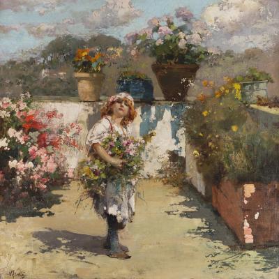 Vincenzo Irolli  Bimba Al Sole, Circa 1910-15  Signed lower left: V. Irolli; inscribed, attributed, and titled verso by previous owner  Oil on canvas  25 x 25 inches Framed: 36 1/2 x 36 1/2 inches