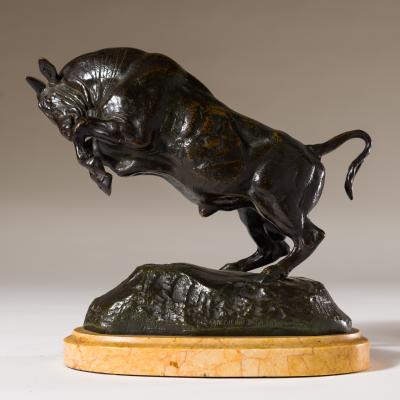Antoine-Louis Barye  Taureau Cabre (Rearing Bull)  Inscribed: “BARYE” (Top edge right of self-base)  Bronze  9 1/2 x 5 1/4 x 10 3/8 inches  Inscribed: F. BARBEDIENNE FONDEUR Dedicated: BERTHONVAL 1891