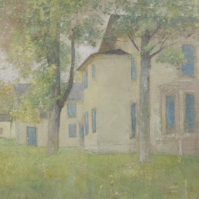 Soren Emil Carlsen  House with Blue Shutters, Circa 1925  Signed lower left: Emil. Carlsen  Oil on canvas  19 x 17 1/2 inches Framed: 25 1/2 x 24 inches  This work is registered in the Emil Carlsen Archives.