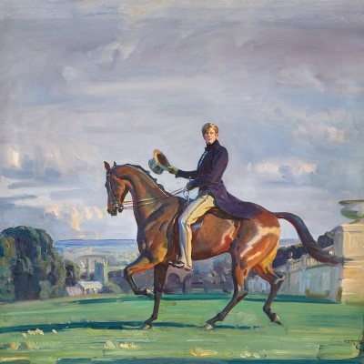 <div class="artist"><strong>Sir Alfred James Munnings, PRA, RWS</strong></div><div class="title_and_year"><em>Portrait of Robert ‘Bobbie’ Gould Shaw III on horseback in the grounds of Cliveden</em></div><div class="signed_and_dated">signed 'A.J. Munnings' (lower right)</div><div class="medium">oil on canvas</div><div class="dimensions">28½ x 30¼ in. (72.4 x 77.5 cm)</div>