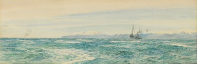William Lionel Wyllie , RA, A ship steaming down the coast of Ancla Caja de Muertos, Puerto Rico