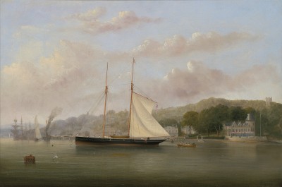 Arthur Wellington Fowles , Pantomime at anchor off the Squadron headquarters, with Colonel Markham approaching in a longboat, 1867