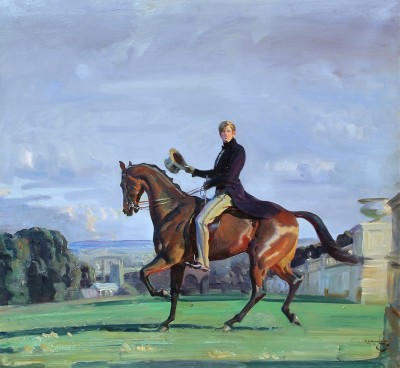 Sir Alfred James Munnings , PRA, RWS, Portrait of Robert ‘Bobbie’ Gould Shaw III on horseback in the grounds of Cliveden