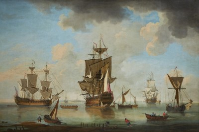 Charles Brooking , A Royal Navy Squadron anchored off St Helen's, Isle of Wight, with Southsea Castle in the distance