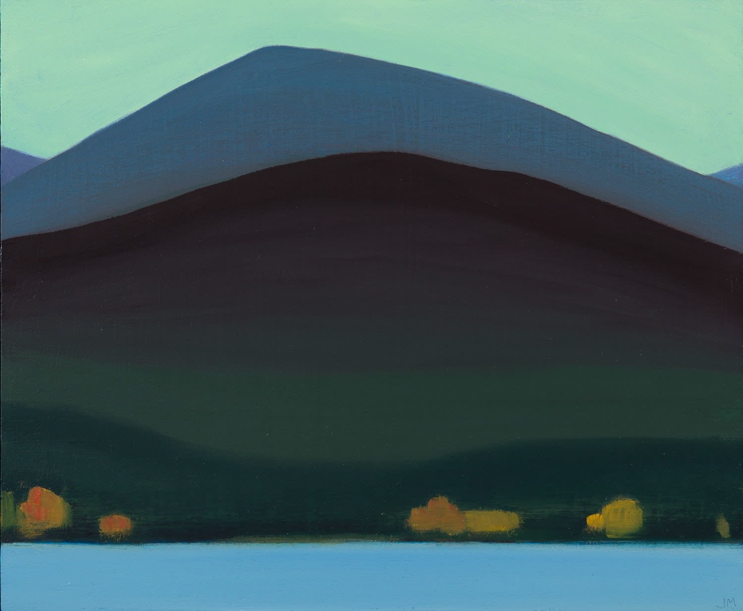 Jane MacNeill, Two hills and loch with autumn trees (Loch Morlich