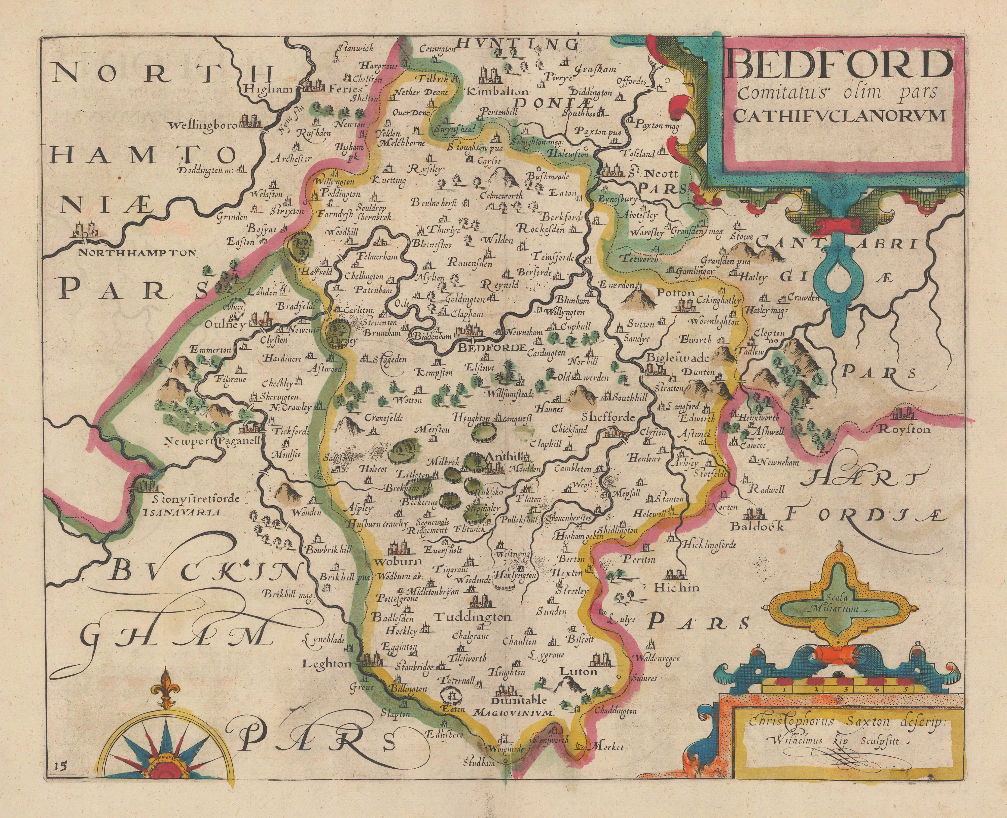 Christopher Saxton & William Kip, Bedford, 1637 | The Map House