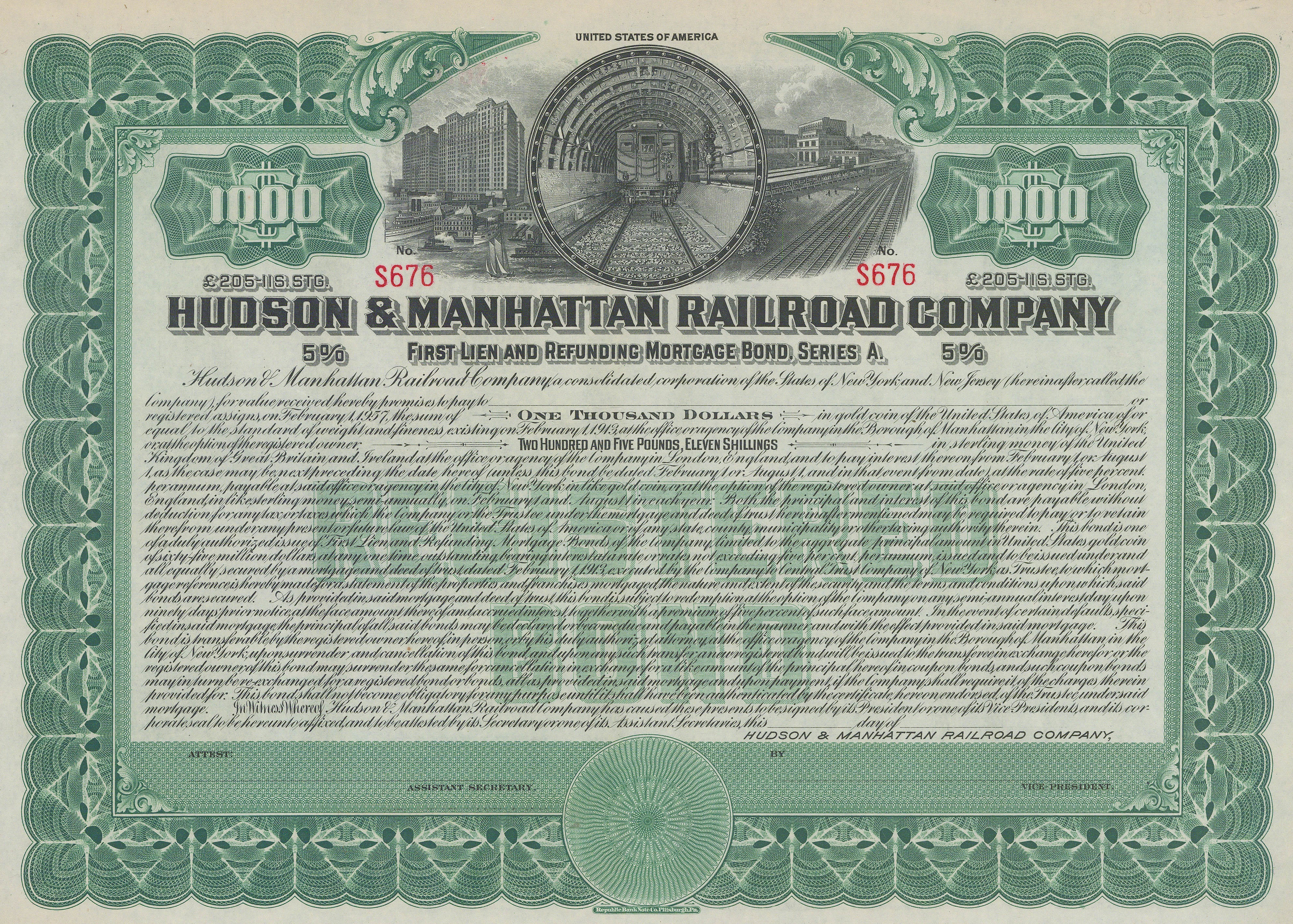 Republic Note From Legend Republic Bank Note Co., Stocks & Bonds - USA, Hudson & Manhattan ...
