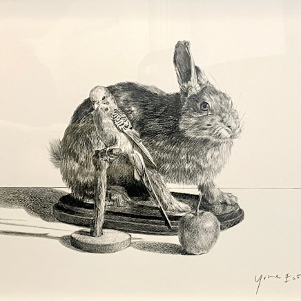 Yvonne East, Budgerigar, hare and apple, 2024