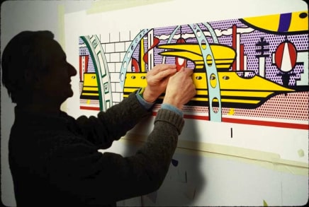 Bob Adelman, Roy Lichtenstein working on the collage maquette for the Times Square Subway Mural, executed circa 1989, printed 2008