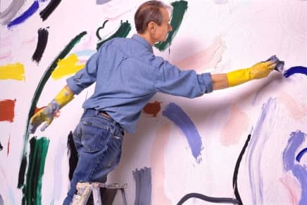Bob Adelman, Roy LIchtenstein beginning to lay in color on 10 x 15-foot painting "Forest Scene with Temple", executed 1986, printed 2008