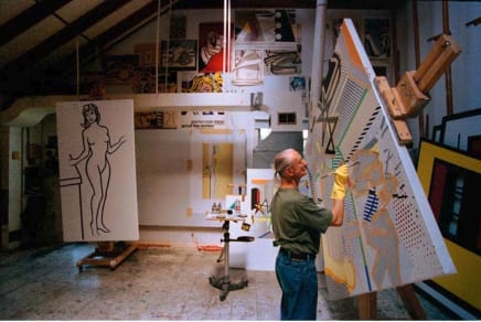 Bob Adelman, Roy Lichtenstein at work on "Interior with Painting of Bather" on his rotating easel in his studio in Southampton, Long Island, New York. To the left is "Nude", executed 1997, printed 2008