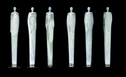 Image of Oriano Galloni's "Anima Silenziosa (Silent Souls) 1–6" Carrara marble and stainless steel sculptures