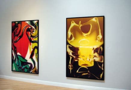 Installation view of Bill Beckley's "Scarlet Two" and "Baby Bear Two" Cibachrome photographs