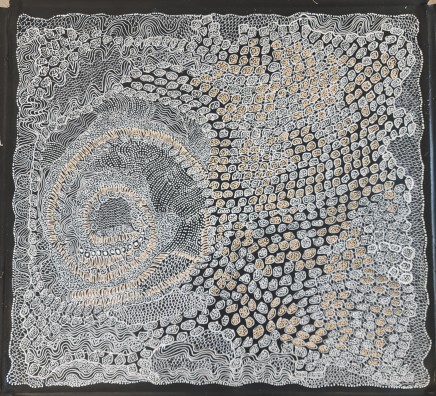 Jorna Newberry b.1959- Angus Downs, NTNgintaka-Perentie dreaming, 2021 Cat # JOR202160 Acrylic on Belgian linen 102 x 112cm