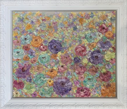 Melony Smirniotis b.1974- Sydney, Australia Grounded Floral Lush Pastels , 2021 Initialled on bottom right of canvas/signed verso Mixed media on canvas 50 x 56cm 63 x 73cm (recycled vintage frame) SOLD