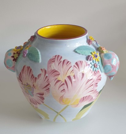 Gabby Malpas 1966, NZ AustraliaTulip and peach bum temple jar, 2024 Underglazes on white earthenware, wheel thrown vessel & legs. Clear glaze approx 22 x 25cm