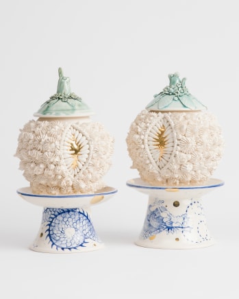 Hine-nui-te-po 1 & 2, 2025 Underglazes over white earthenware, under clear glaze Wheelthrown pots Gold lustre Stands: wheel thrown & assembled tazzas with handpainted dragons in cobalt oxide. Clear glaze. Gold lustre Approx height assembled: 38 - 43cm Diameter each: approx.: 23 - 26cm Each $5500 (2) 1 x SOLD