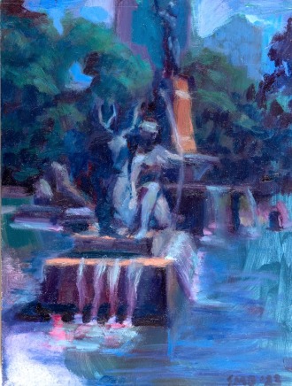 Sue MacLeod-Beere b. 1956- NZ, AustraliaThe Gift-Archibald Fountain, 2023 Oil on board 15.2 x 19.7cm