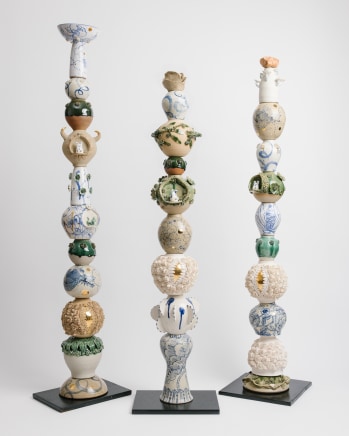 I will not love you long time totems, 2025 White & buff midfire clays. Wheel thrown & hand assembled forms, with applied decoration. Clear, white & green gloss glazes. Cobalt oxide freehand brushwork. Gold lustre. Forged steel bespoke supports. 135cm $9,900 1 x SOLD; 1 Available in Gallery 150cm $11,000; 1 Available in Gallery 160cm $12,000; 1 Available in Gallery 170cm $14,500 1 SOLD ; 1 Available in Gallery 185cm $16,000 1 x SOLD; 1 Available in Gallery