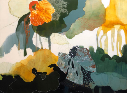 Claire Yerbury b.1970- NY, USA, Lives & works in AustraliaHigh and Low Rest Upon Each Other (Lao Tsu), 2025 Signed, titled, dated verso Mixed media & collage on board 91 x 122cm