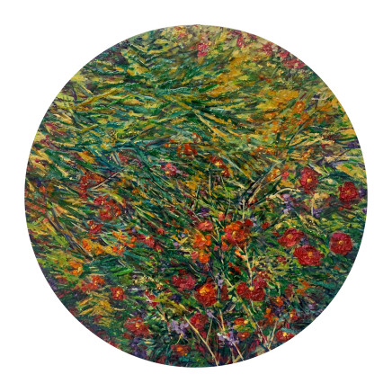 Melony Smirniotis b.1974- Sydney, Australia Portal of Floral Lush Rich Textures & Light, 2021 Initialled on bottom right of canvas/signed verso Mixed media on canvas 50cm diameter SOLD