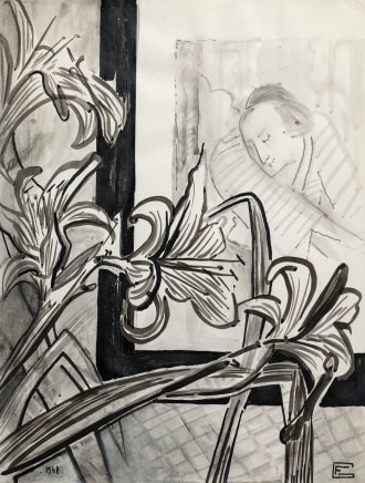 Françoise Gilot, Still life with lilies and an Ukiyo-e print (A View), 1941