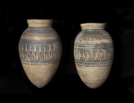 Two Egyptian blue-painted piriform jars, Malqata, New Kingdom, 18th Dynasty, reign of Amenhotep III, c.1390-1353 BC