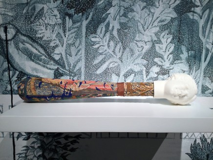 Ursula Burke Truncheon , 2019 Porcelain, Cluny Museum Cushion Cover, Embroidery Thread and Trim. 32 x 6 cm 12 5/8 x 2 3/8 in Edition of 5 €4000