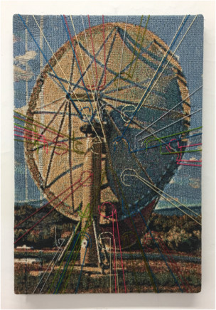 George Bolster, We are Listening, Are You There?, 2018. Acrylic paint and embroidery on cotton jacquard and canvas, 2018