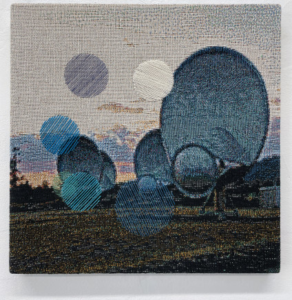 George Bolster We Can Ignore Cosmic Reality, But It Remains Impervious, 2021 Embroidery on tapestry 40.6 x 40.6 cm 16 x 16 in