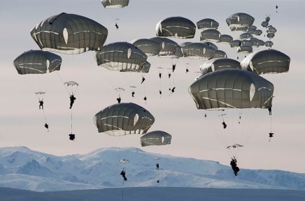 Louie Palu, Just south of the Arctic Circle soldiers from US Army Alaska parachute from aircraft onto the Donnelly Training Area near Fort Greely, which is a US Army launch site for counter ballistic missiles, 2018