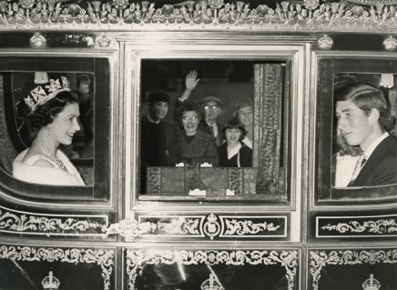 Photographer Unknown, [Her Majesty Queen Elizabeth II and Prince Charles seen in the Irish State Coach en route to the House of Lords for the opening of Parliament, London], October 30, 1968