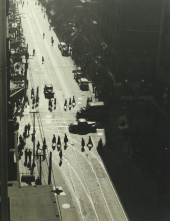Charles Devenish Woodley, Pedestrians Obey Traffic Signal, from top of Imperial Bank at Yonge & Queen Sts., 12:30 PM, 1940