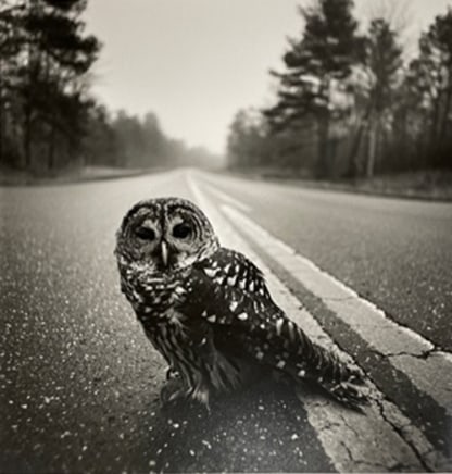 Arthur Tress, Owl on Road, Big Thicket, Texas, 1975