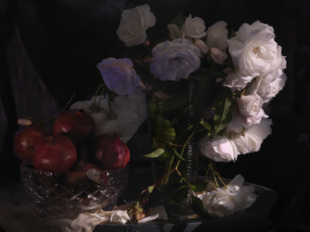 Fiona Pardington, Still Life with Wild White Roses, Photographic Beaker and Pomegranates, 2013