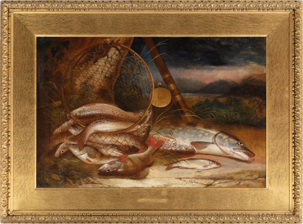 Henry Leonidas Rolfe (fl. 1847-1882), The Day's Catch : Trout, Pike, Perch and Roach below a tree with a rod and landing net