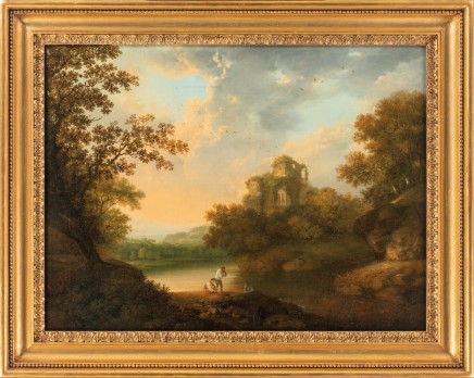George Smith of Chichester (Chichester 1714-1776), Figures by a river in a landscape with classical ruins beyond