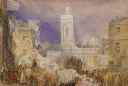 J.M.W. Turner, The Northampton Election. 6 December 1830, c. 1830/1, watercolour and gouache on paper, 29,2 x 43,8 cm, Tate