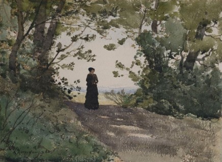 Henri Joseph Harpignies (1819-1916), Frau auf einem Waldweg, 1880, watercolour, 28 x 40 cm, Collection Wormsbacher Hamburg