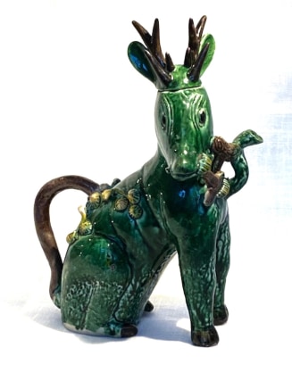 A CHINESE BISCUIT GLAZED 'DEER’ WATER DROPPER AND COVER, Kangxi (1662 – 1722)