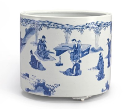 A LARGE BLUE AND WHITE 'SEVEN SAGES' BRUSHPOT, Kangxi (1662 - 1722)