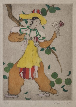 Elyse Ashe Lord, AN ELYSE LORD COLOURED ETCHING ‘LADY PLAYING MARACAS’, 1920's