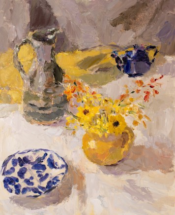 Lynne Cartlidge, Yellow Jug of Flowers with Ochre Cloth