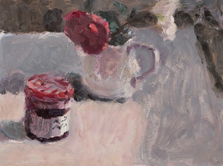Lynne Cartlidge, Red and White Camellias with a Pot of Jam