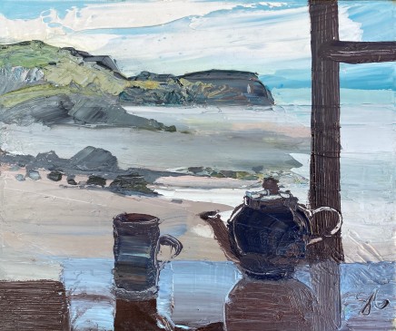 Sarah Carvell, Darkening Beach View with Teapot and Mug